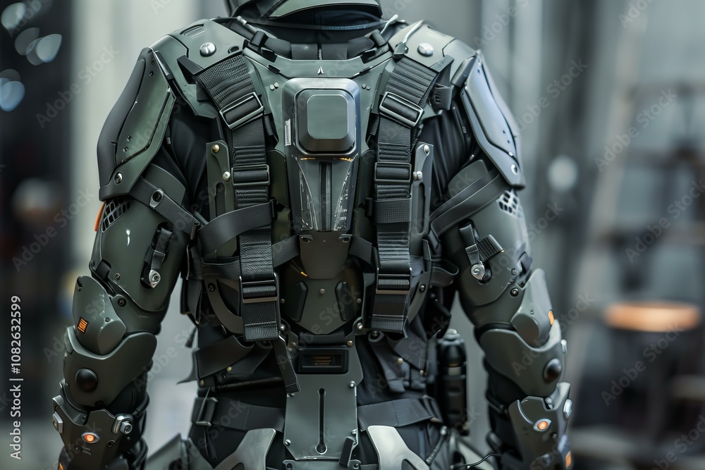 Back view of a soldier wearing a futuristic exoskeleton