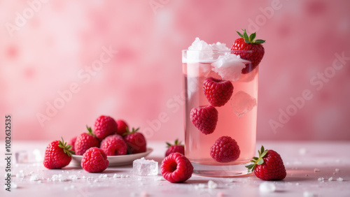 Wallpaper Mural Fresh pink matcha drink with raspberries, ice, and a dusting of powdered sugar on a white tablecloth, surrounded by raspberries. Torontodigital.ca