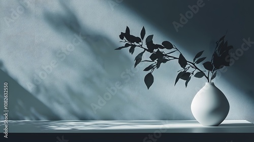 A minimalist table with a white vase and dark foliage, highlighting contrast and clean design elements. Wide angle shot, Cinematic Scene, 4k resolution, cinematic scene photo