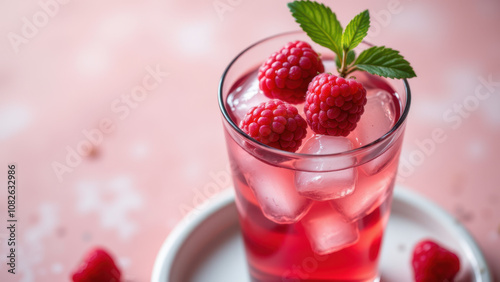Wallpaper Mural Pink raspberry mojito with ice cubes and mint leaves on a white plate. Torontodigital.ca