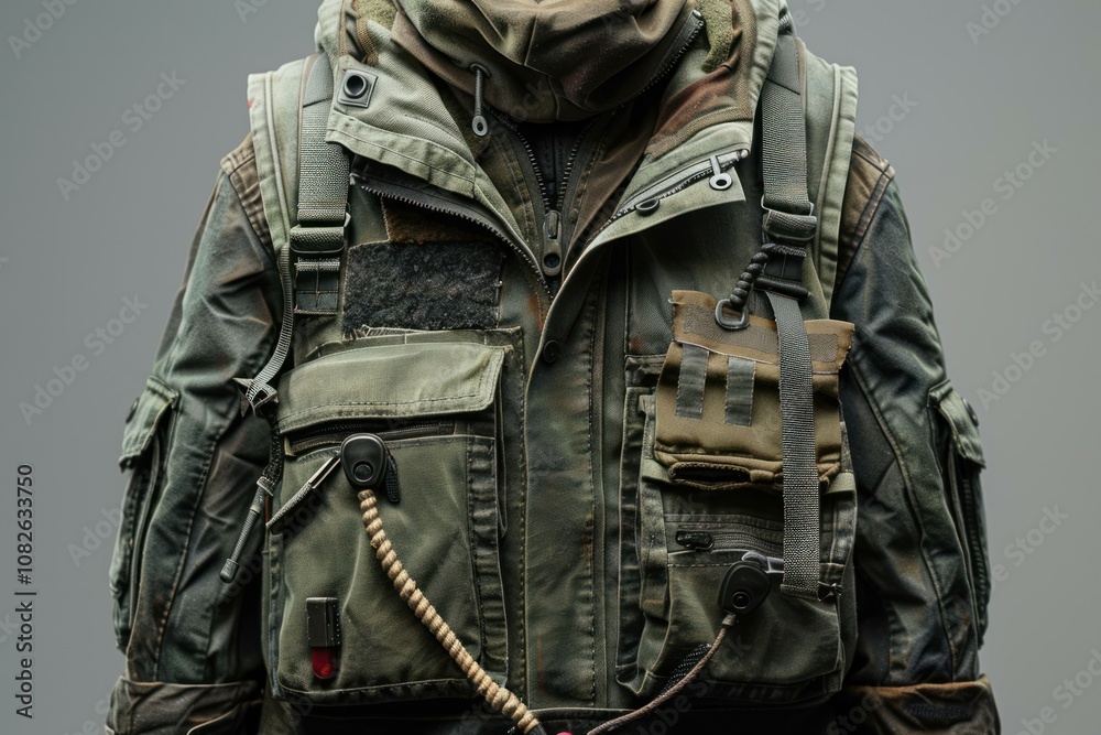 Hunter wearing a camouflage jacket with many pockets and a tactical vest is standing with a neutral expression