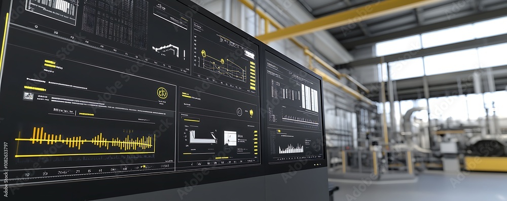 A digital dashboard displaying industrial data and analytics in a modern facility. A digital dashboard displaying industrial data and analytics in a modern facility.