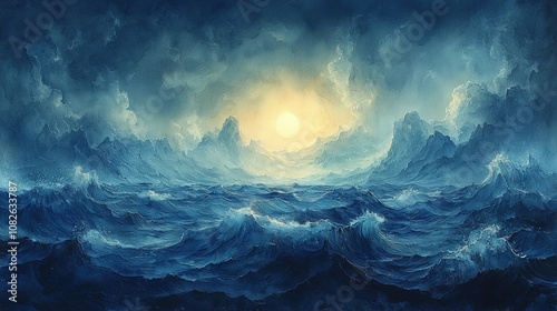 A dramatic seascape depicting turbulent waves and a glowing sunset.