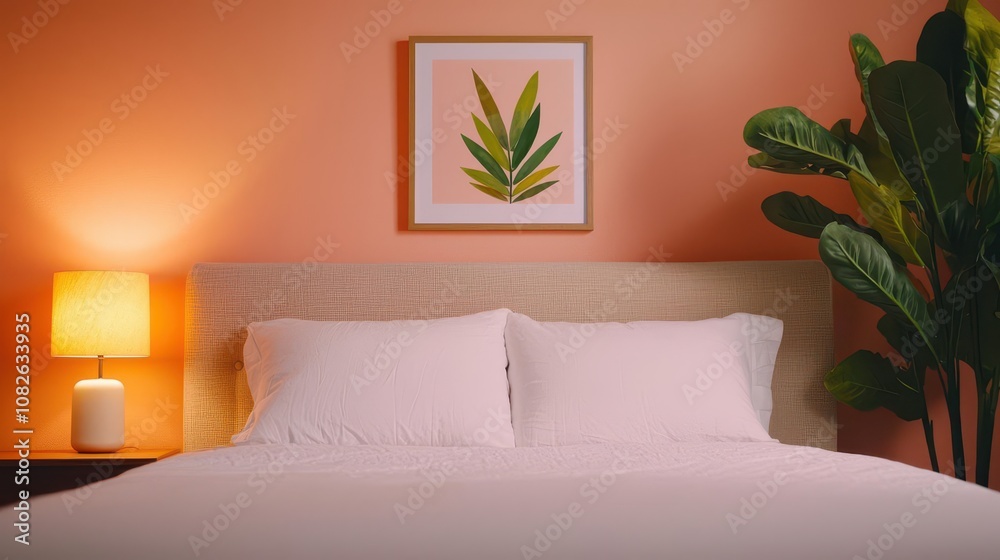 Cozy bedroom with upholstered bed frame, botanical artwork on the wall, soft pastel tones, warm lighting Cozy bedroom with upholstered bed frame, botanical artwork on the wall, soft pastel tones, warm lighting