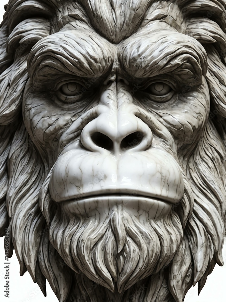 Fototapeta premium mythical creature bigfoot marble statue head bust on white background