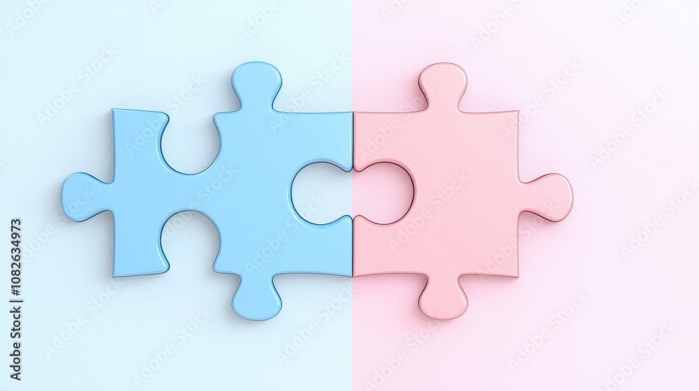 Connection of male and female puzzle pieces abstract concept minimalist design soft colors top view symbolism of unity Connection of male and female puzzle pieces abstract concept minimalist design soft colors top view symbolism of unity