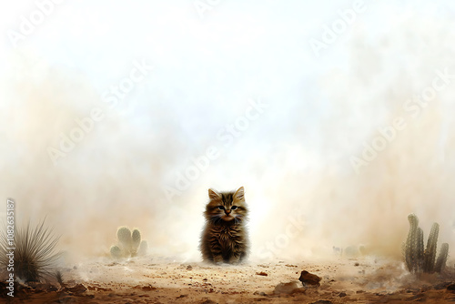 Wallpaper Mural cat stands alone in windy desert, surrounded by cacti and dust. Its fur ruffles in breeze, creating striking contrast against arid landscape Torontodigital.ca