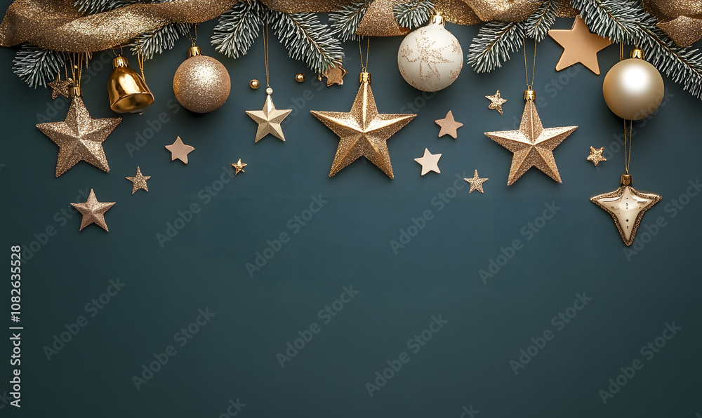 Fototapeta premium Christmas and New Year designs with festive ornaments, golden snowflakes, cozy wreaths, and sparkling holiday accents for wallpaper and greeting cards