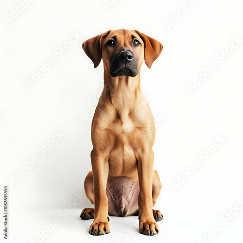 dog with floppy ears sitting politely against minimal background, showcasing its expressive eyes and gentle demeanor. This captures essence of loyal companion photo