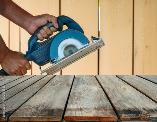 A close-up shot of a craftsman engaged in a DIY woodworking project. The scene captures a male carpenter using an electric circular saw (Marunoko) on a tabletop to cut through a piece of lumber. Wood photo