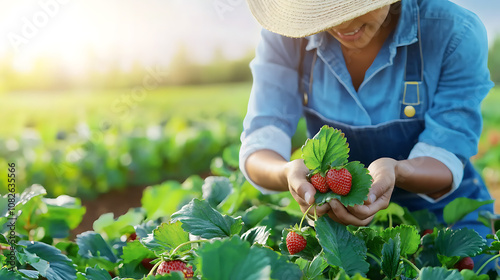 Woman gathers organic strawberries to promote nature conservation efforts photo