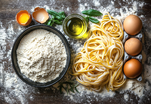 Flat lay of fresh ingredients for homemade pasta preparation