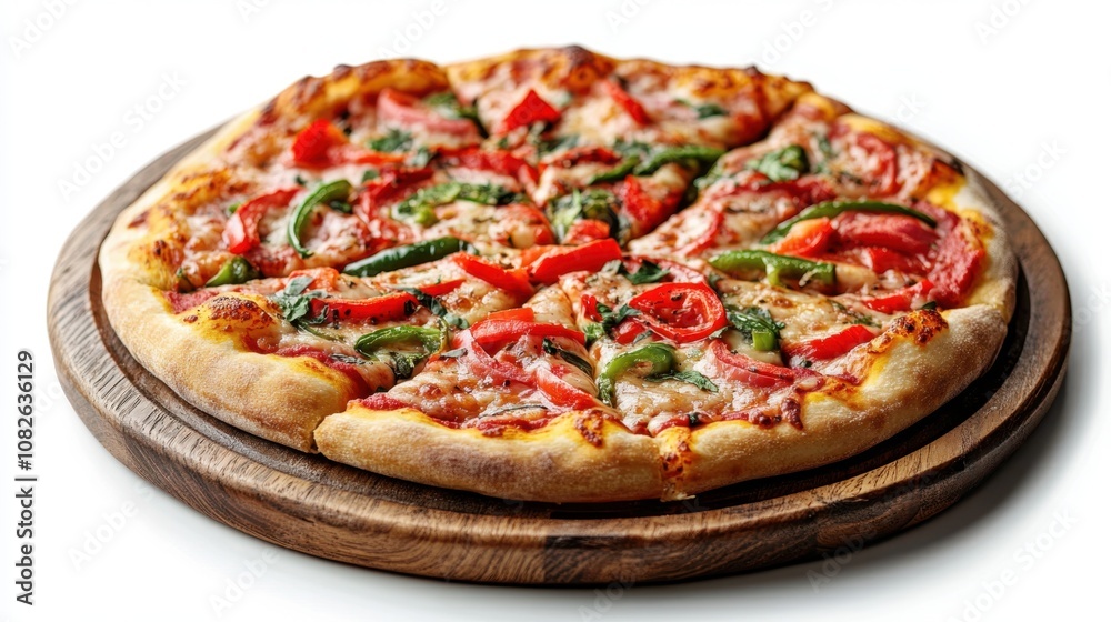 Freshly baked pizza with red and green peppers Freshly baked pizza with red and green peppers