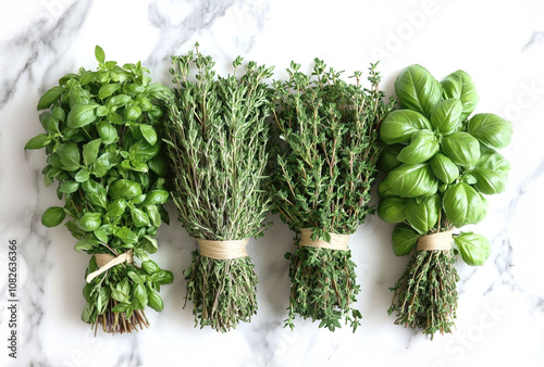 Fresh herbs in bundles: thyme, rosemary, and basil on marble surface photo