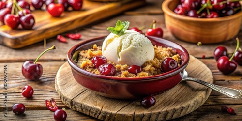 A bowl of cherry crumble topped with a scoop of vanilla ice cream, surrounded by fresh cherries on a rustic wooden background. photo