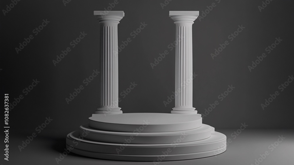Two ancient greek columns supporting empty round podium on stage