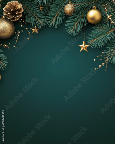 glamorous Christmas background featuring dark green pine branches, golden ornaments, and festive decorations, perfect for holiday celebrations