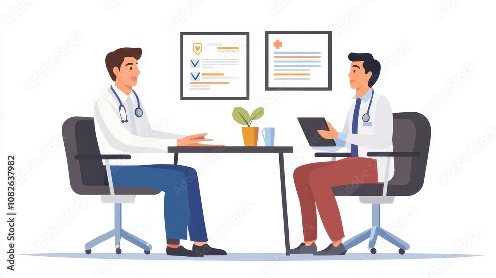 A meeting between an insurance advisor and a client, discussing different health insurance plan options for individual needs. A meeting between an insurance advisor and a client, discussing different health insurance plan options for individual needs.