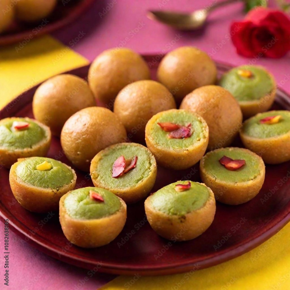 Traditional Diwali Food: An eye-level medium shot in Pop art style with rack focus, highlighting a decorative plate of traditional Diwali sweets like peda and gulab jamun. The bold colors and graphic Traditional Diwali Food: An eye-level medium shot in Pop art style with rack focus, highlighting a decorative plate of traditional Diwali sweets like peda and gulab jamun. The bold colors and graphic