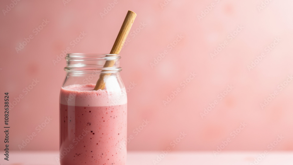 A vibrant pink matcha latte in a mason jar with a spoon on a contrasting pink backdrop. A vibrant pink matcha latte in a mason jar with a spoon on a contrasting pink backdrop.