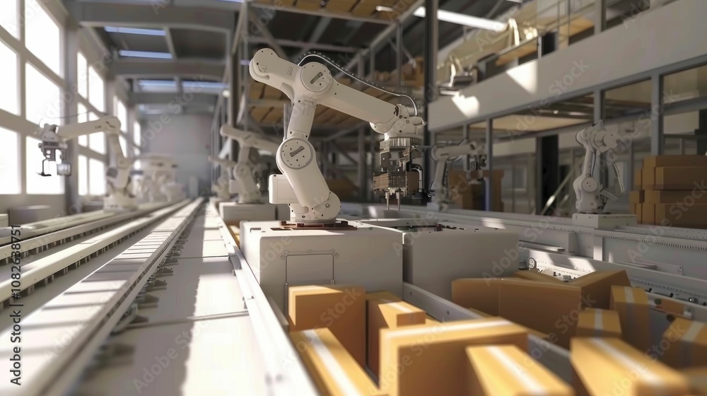 High-tech robotic arms sorting packages in a modern storage facility High-tech robotic arms sorting packages in a modern storage facility