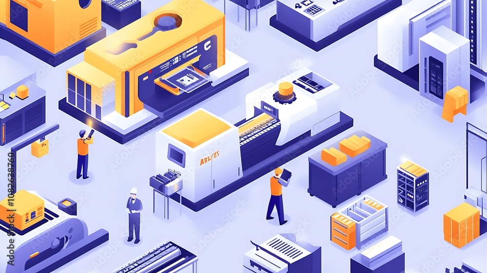 A vibrant industrial scene depicting machinery and workers in a manufacturing environment. A vibrant industrial scene depicting machinery and workers in a manufacturing environment.