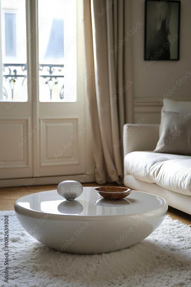 A white coffee table sitting on top of a white rug in a living room A white coffee table sitting on top of a white rug in a living room