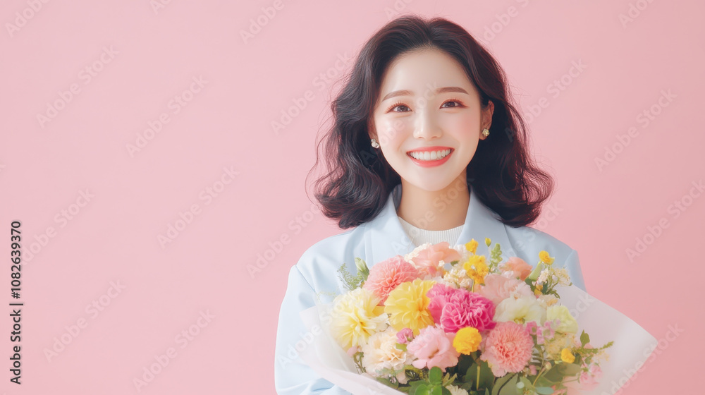 happy woman in light blue jacket holds vibrant bouquet of flowers against pink background, radiating joy and positivity happy woman in light blue jacket holds vibrant bouquet of flowers against pink background, radiating joy and positivity