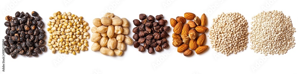 Assorted beans and nuts in neat rows on white. Assorted beans and nuts in neat rows on white.