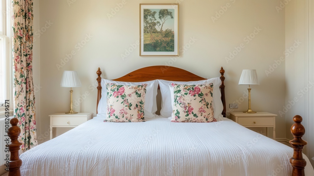Fototapeta premium Elegant bedroom with fourposter bed frame, soft floral artwork, luxurious decor, large windows