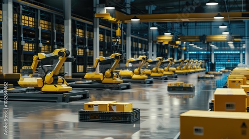 High-tech robotic arms sorting packages in a modern storage facility