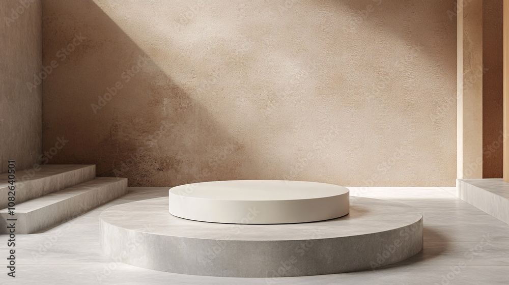 Empty white round podium on a gray textured pedestal illuminating by sunlight Empty white round podium on a gray textured pedestal illuminating by sunlight