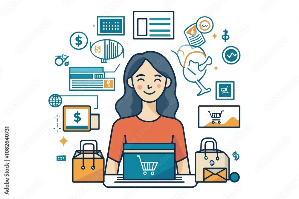 Online shopping illustration with a young woman and financial icons Online shopping illustration with a young woman and financial icons