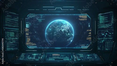 Fototapeta Naklejka Na Ścianę i Meble -  Futuristic spaceship control room with a view of Earth on a large monitor screen.