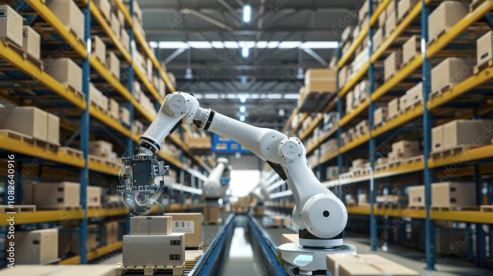 High-tech robotic arms sorting packages in a modern storage facility High-tech robotic arms sorting packages in a modern storage facility