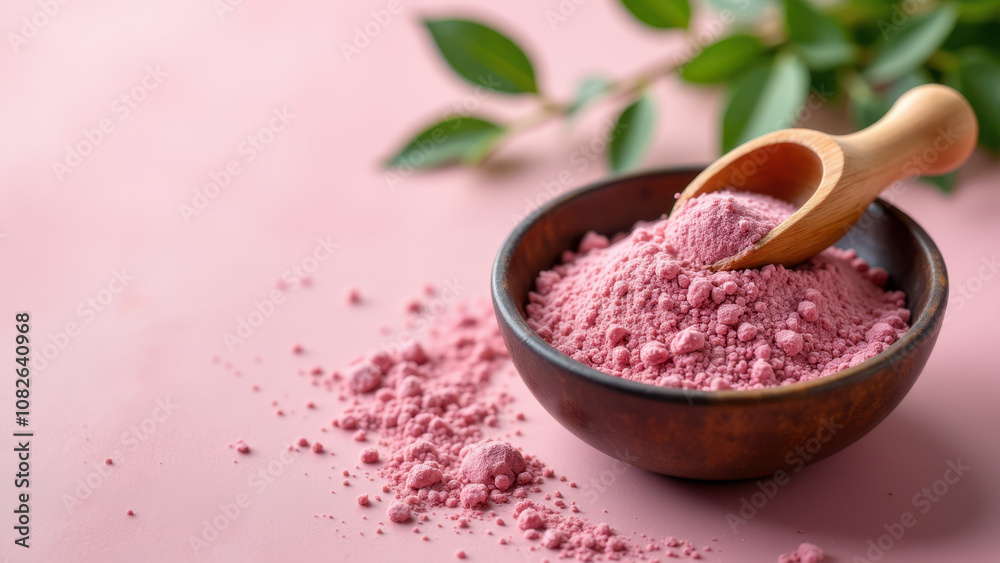 A small bowl of vibrant pink powdered matcha with a wooden spoon resting on its rim. A small bowl of vibrant pink powdered matcha with a wooden spoon resting on its rim.