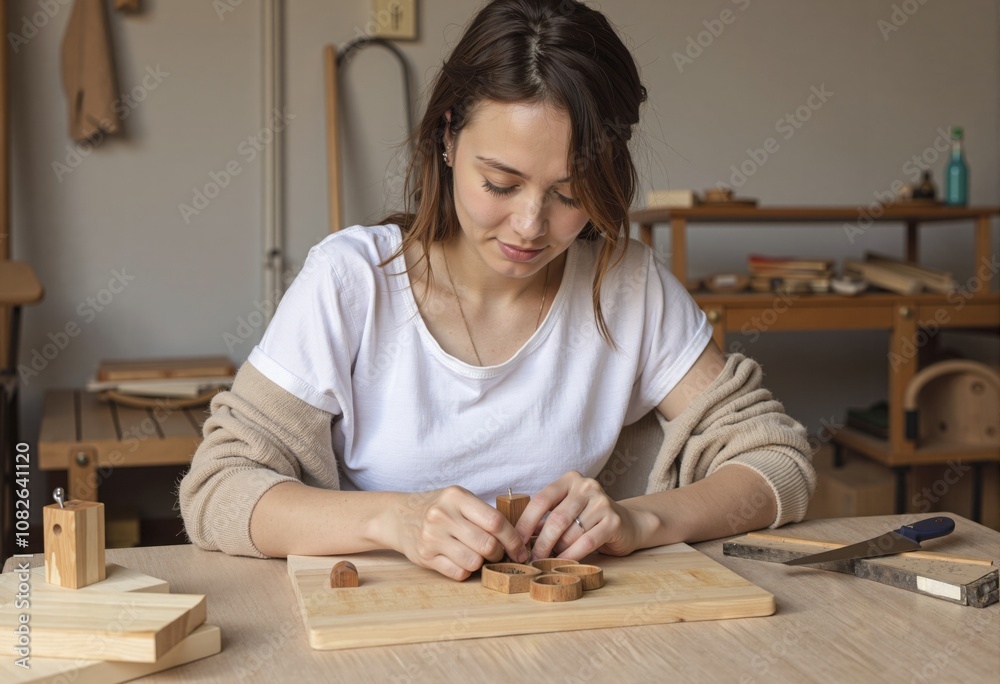 Woman Carving Wood in Workshop Woman Carving Wood in Workshop