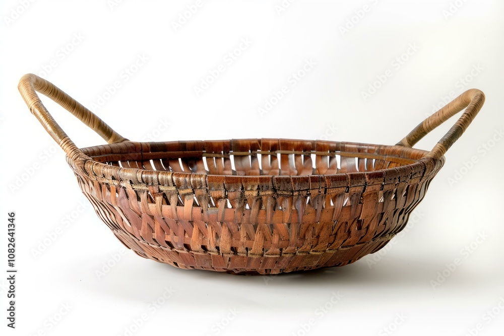 Fototapeta premium Empty round wicker basket with handles is standing on a white background
