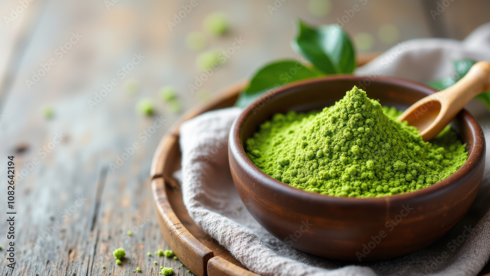 Close-up of a bowl filled with vibrant green matcha powder sitting on a wooden table with a spoon nearby. Close-up of a bowl filled with vibrant green matcha powder sitting on a wooden table with a spoon nearby.