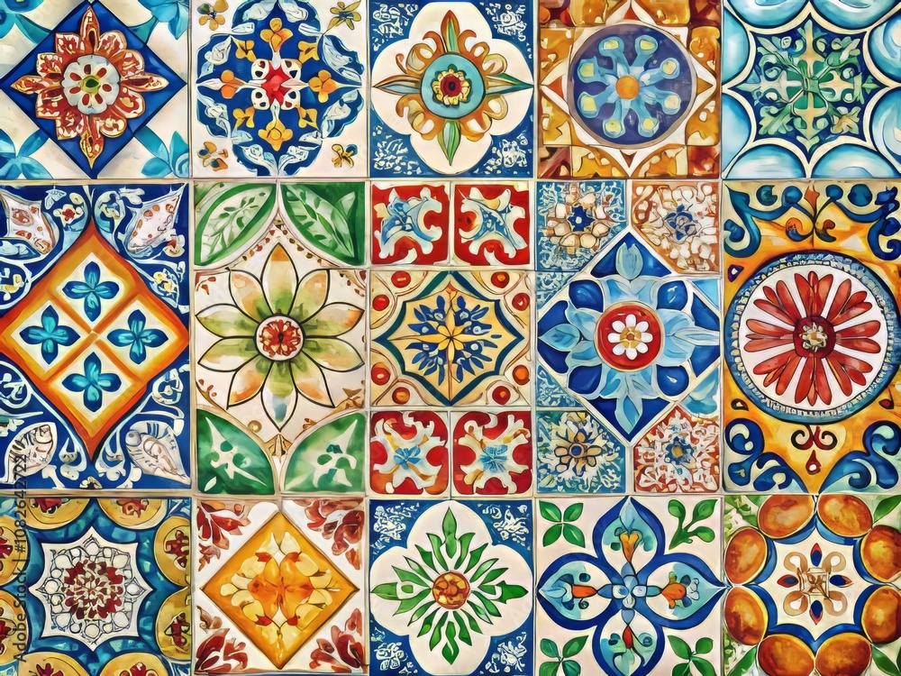 Modern Pattern Featuring Hand-Drawn Watercolor Tiles in a Beautiful Patchwork Style for Home Decor, Textiles, and Graphic Design Applications Modern Pattern Featuring Hand-Drawn Watercolor Tiles in a Beautiful Patchwork Style for Home Decor, Textiles, and Graphic Design Applications
