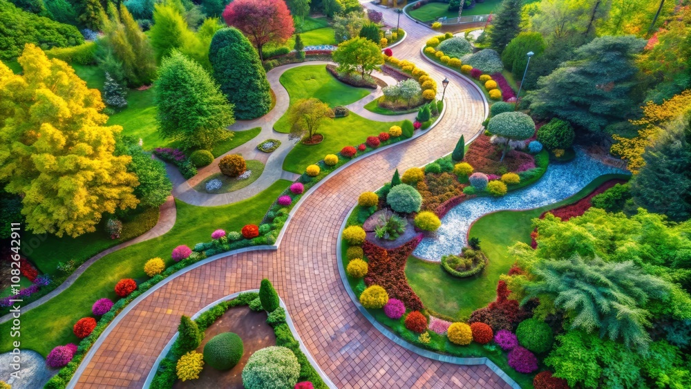 Serene Aerial View of a Charming Tile Path Winding Through a Lush Park Surrounded by Vibrant Greenery, Perfect for Nature Enthusiasts and Outdoor Lovers Serene Aerial View of a Charming Tile Path Winding Through a Lush Park Surrounded by Vibrant Greenery, Perfect for Nature Enthusiasts and Outdoor Lovers