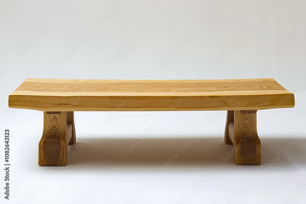 A wooden bench sitting on top of a white surface A wooden bench sitting on top of a white surface
