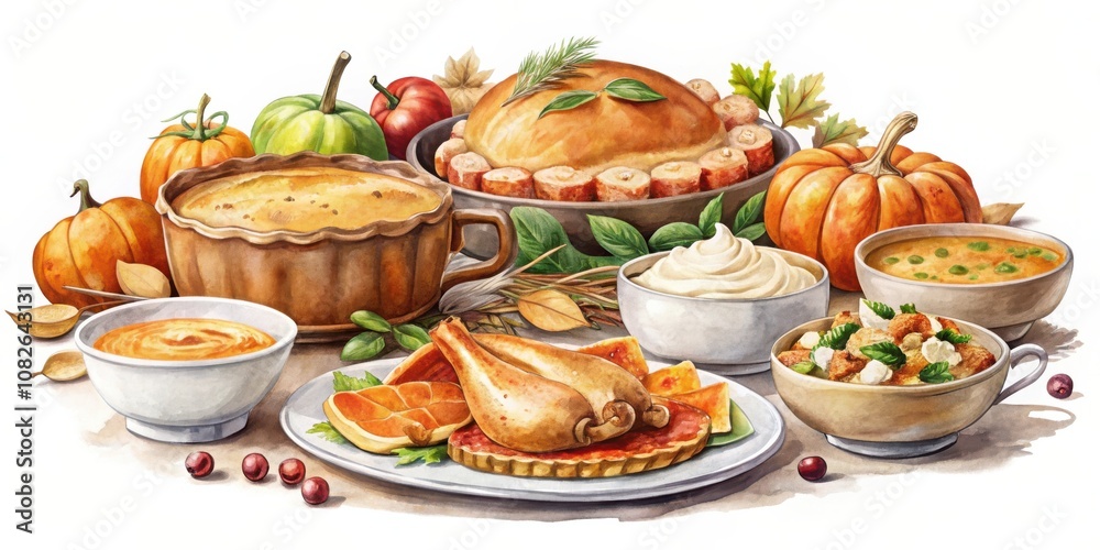 A Thanksgiving feast with pumpkins, soup, stuffing, a pie, and other autumnal dishes, beautifully rendered in a watercolor style. A Thanksgiving feast with pumpkins, soup, stuffing, a pie, and other autumnal dishes, beautifully rendered in a watercolor style.
