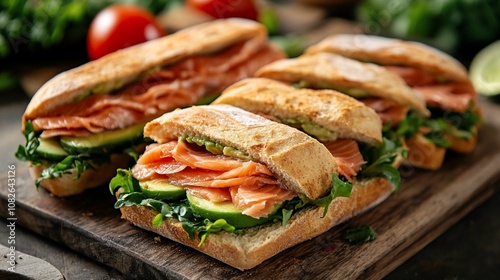 Four salmon, avocado, and lettuce sandwiches on a wooden board.