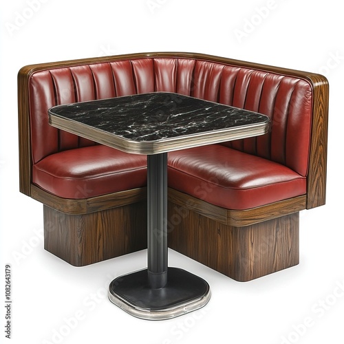 A cozy diner booth featuring plush red seating and a dark, glossy tabletop, ideal for dining and socializing in a classic setting, isolate on white background.