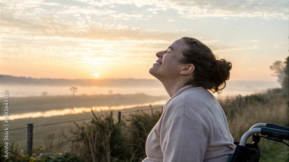 Woman in a wheelchair enjoying the sunset by the beach, symbolizing freedom, serenity, and connection to nature in an accessible setting. Woman in a wheelchair enjoying the sunset by the beach, symbolizing freedom, serenity, and connection to nature in an accessible setting.