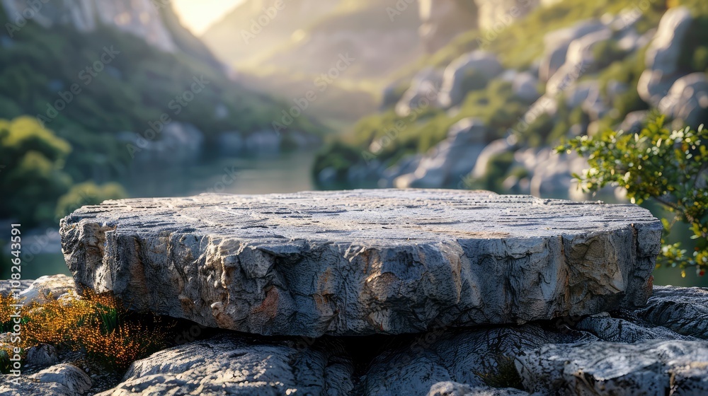 Obraz premium Podium Stage mockup with Stone and green tropical leaves background