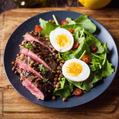 fried beef salad with egg, spinach, arugula and tomatoes, top view