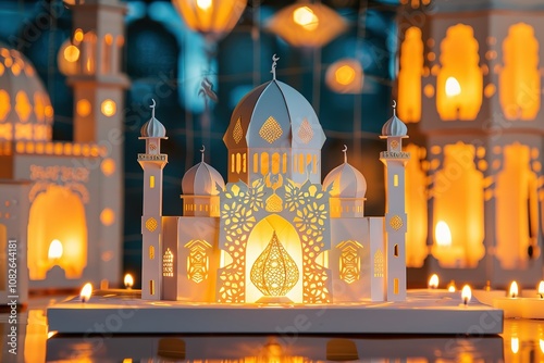 golden glossy, A design of a colorful patterned invitation or greeting card A stage with a white paper cutout of a mosque with intricate details, with a bright yellow lantern hanging in the center, 