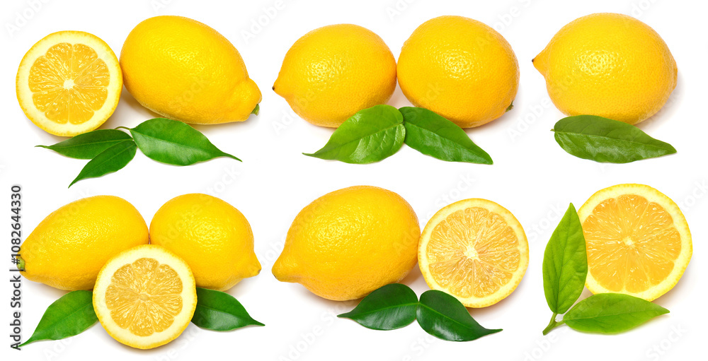 Fototapeta premium Fresh lemon with leaf slices collection isolated on white background. Citrus fruit